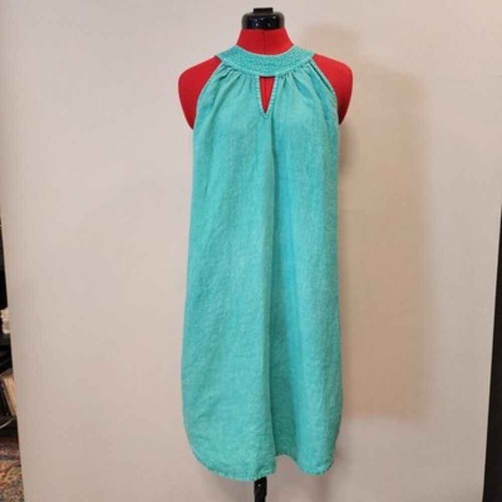 ​C&C California Turquoise 100% Linen Halter Neck Keyhole Shift Mini Dress M